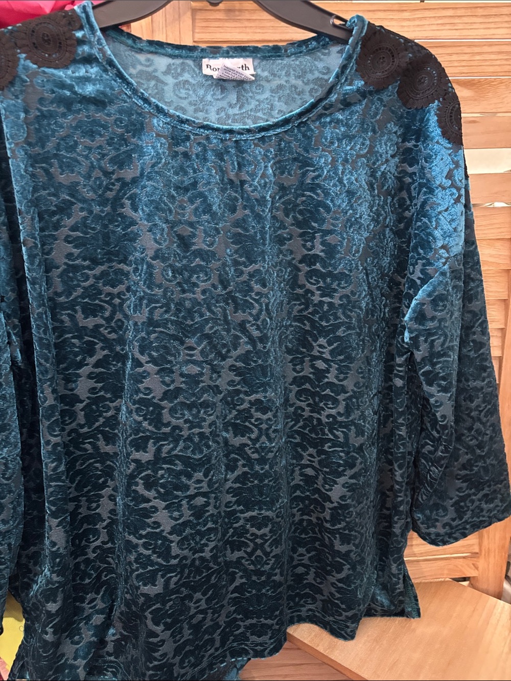 Roaman's Teal Velvet Flocked Lace-Trim Women's Top Large